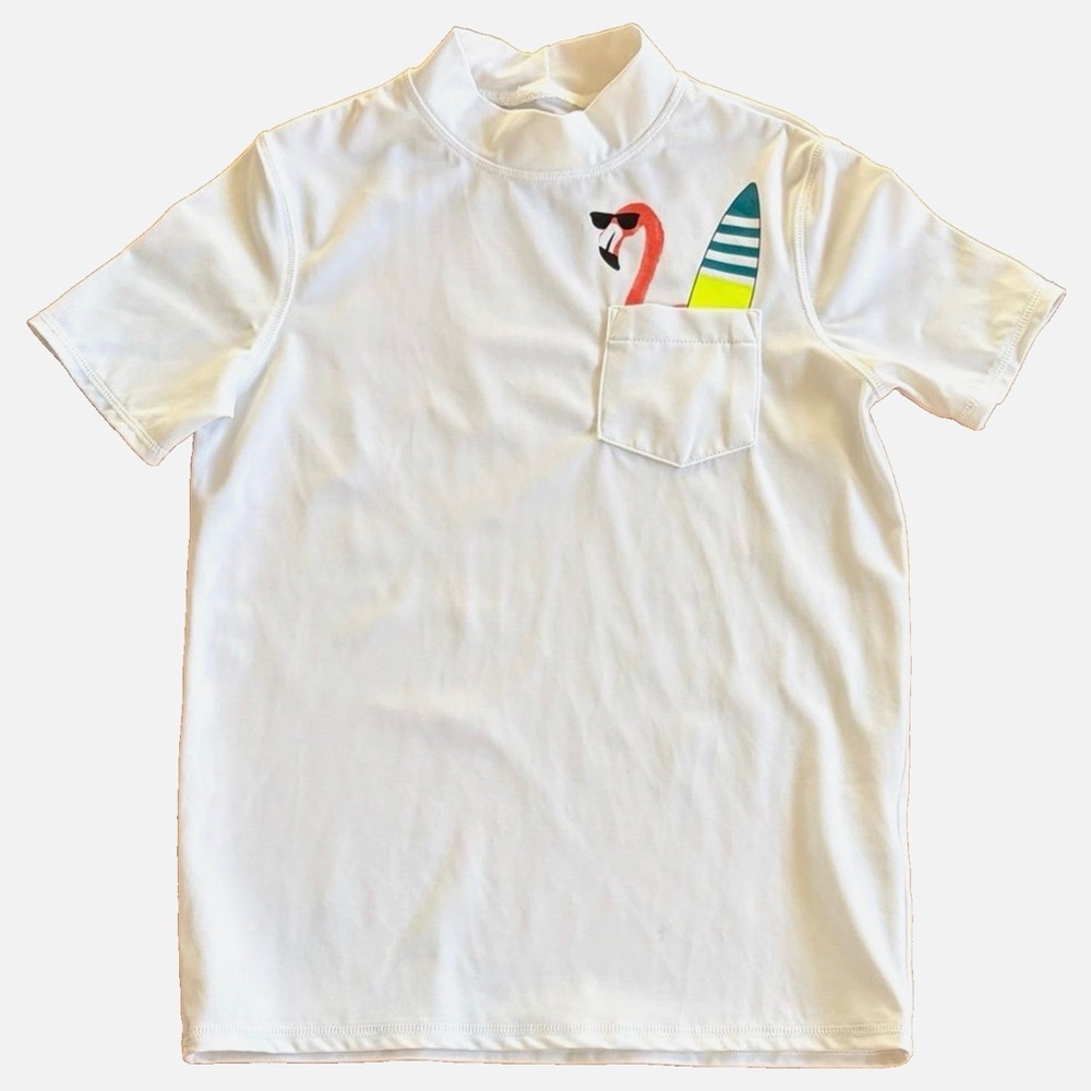 Lands’ End Boys Rash Guard Swim Shirt White Flamingo Surf UPF Size 8